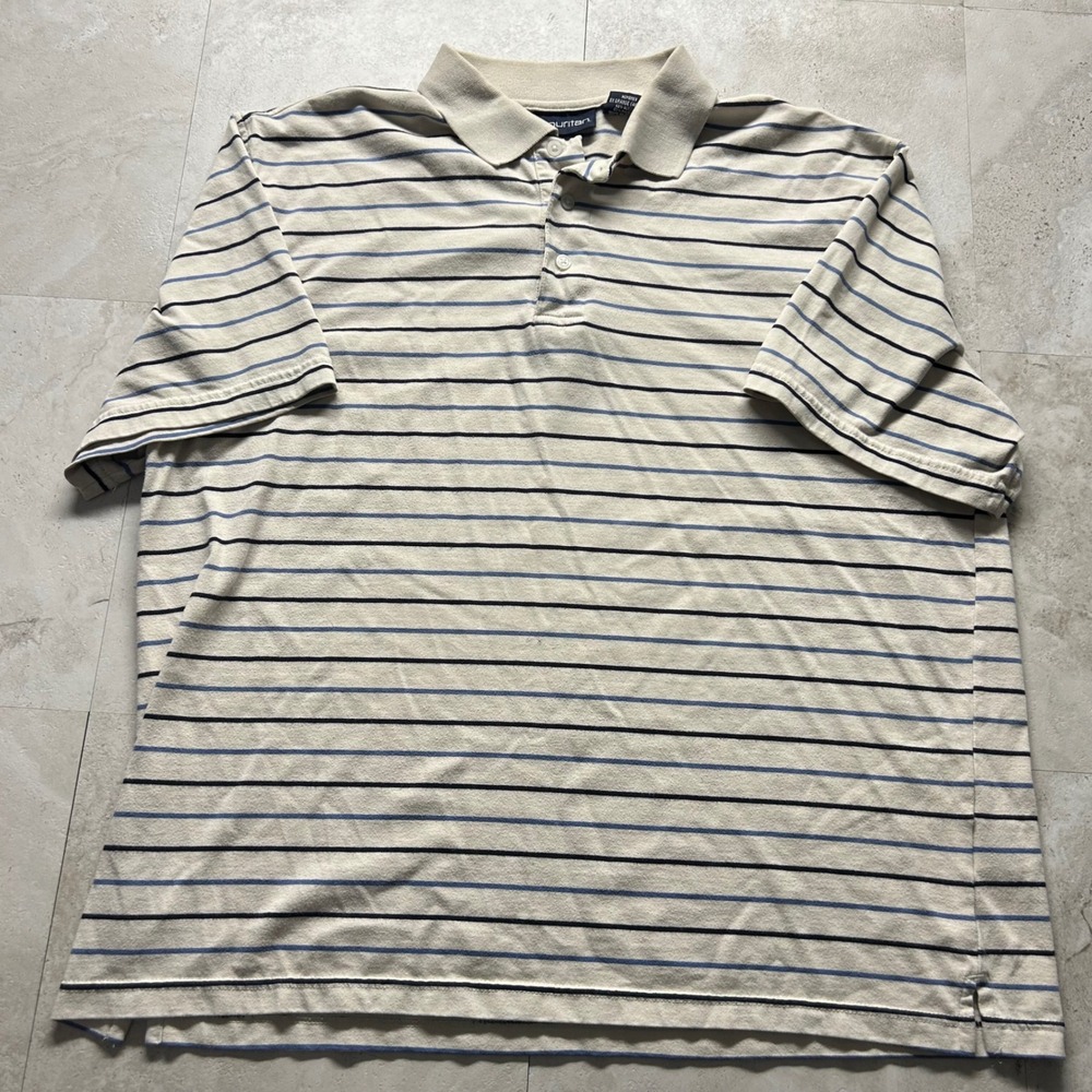 Puritan Polo Shirt Tan Blue Striped Mens XL Short Sleeve Casual Cotton Blend